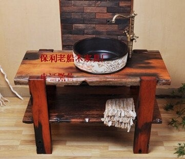 老船木洗手柜實(shí)木浴室柜組合實(shí)木家具洗面盆石頭藝術(shù)洗手盆