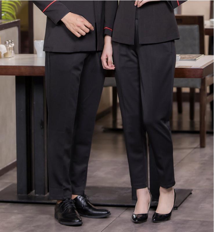 廚房廚師工作褲男酒店服務(wù)員保潔褲子女彈力松緊腰黑色寬松休閑褲