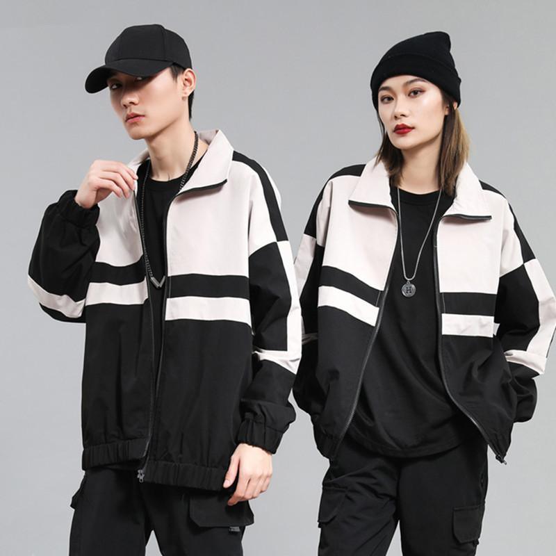 男女春秋情侶裝夾克潮款港風(fēng)國潮拉鏈立領(lǐng)翻領(lǐng)拼色寬松薄外套定制